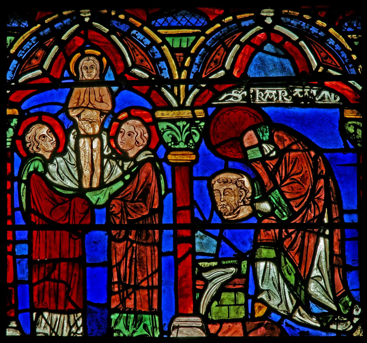 St Cheron penceresi: Başını St Mesme çeşmesine taşır; ruhu yükselir (w15) by French School