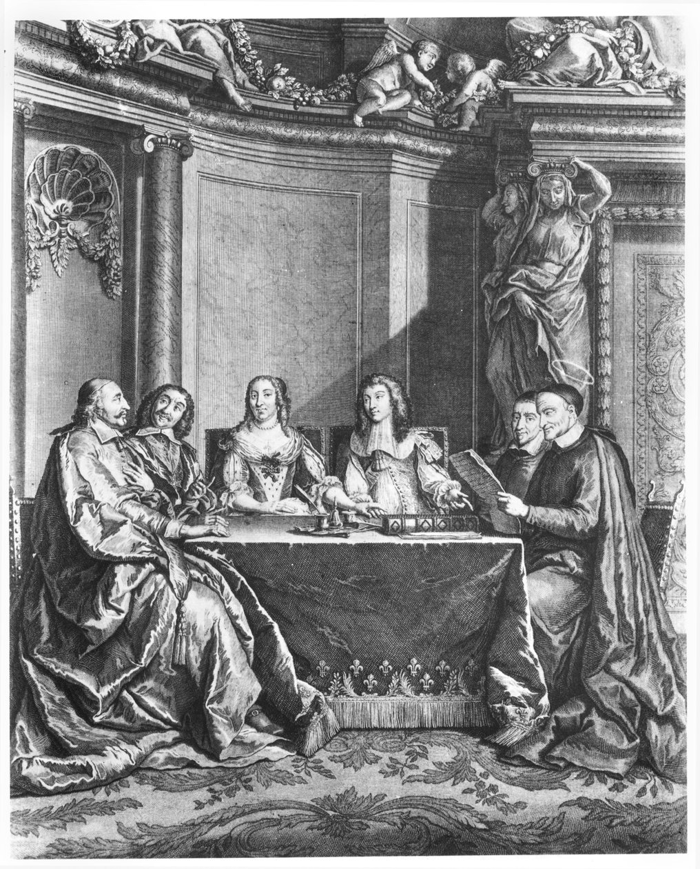 St. Vincent de Paul (1581-1660) ve Kardinal Jules Mazarin (1602-61), Conseil de Conscience of Louis XIV (1638-1715), Gerard Scotin (1643-1715) tarafından oyulmuş, c.1660 by French School