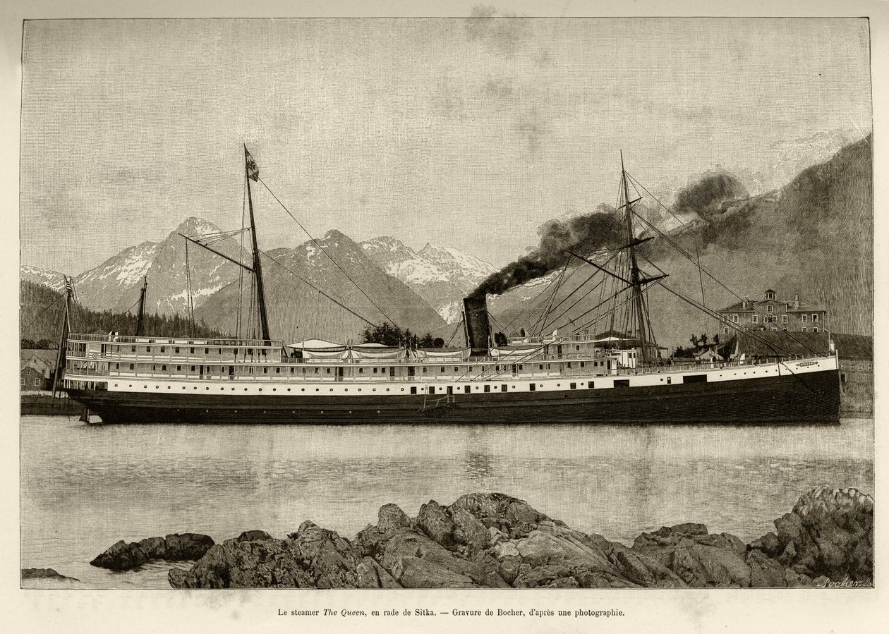 Vapur The Queen, Sitka limanında (Alaska, ABD). Bocher tarafından gravür, 1890