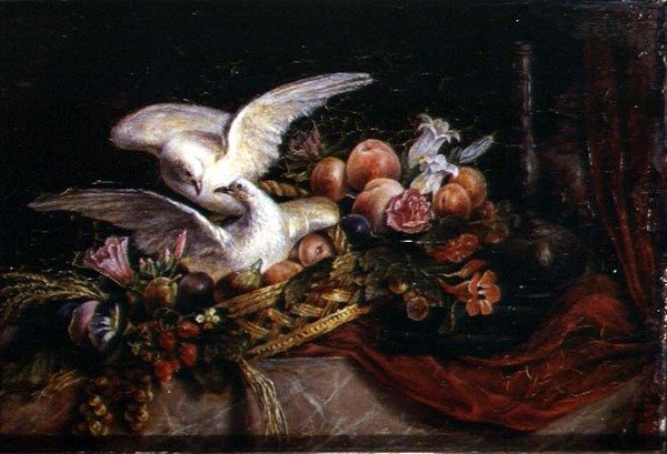 İki Beyaz Güvercinli Natürmort, 1840 dolayları (cam üzerine suluboya) by French School