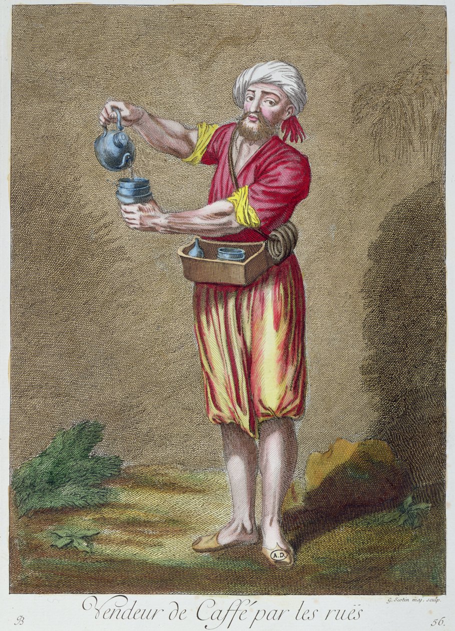 G. Scotin tarafından oyulmuş Levant Kostümleri Baskıları Koleksiyonundan kahve satan sokak tüccarı, 1707-08 by French School