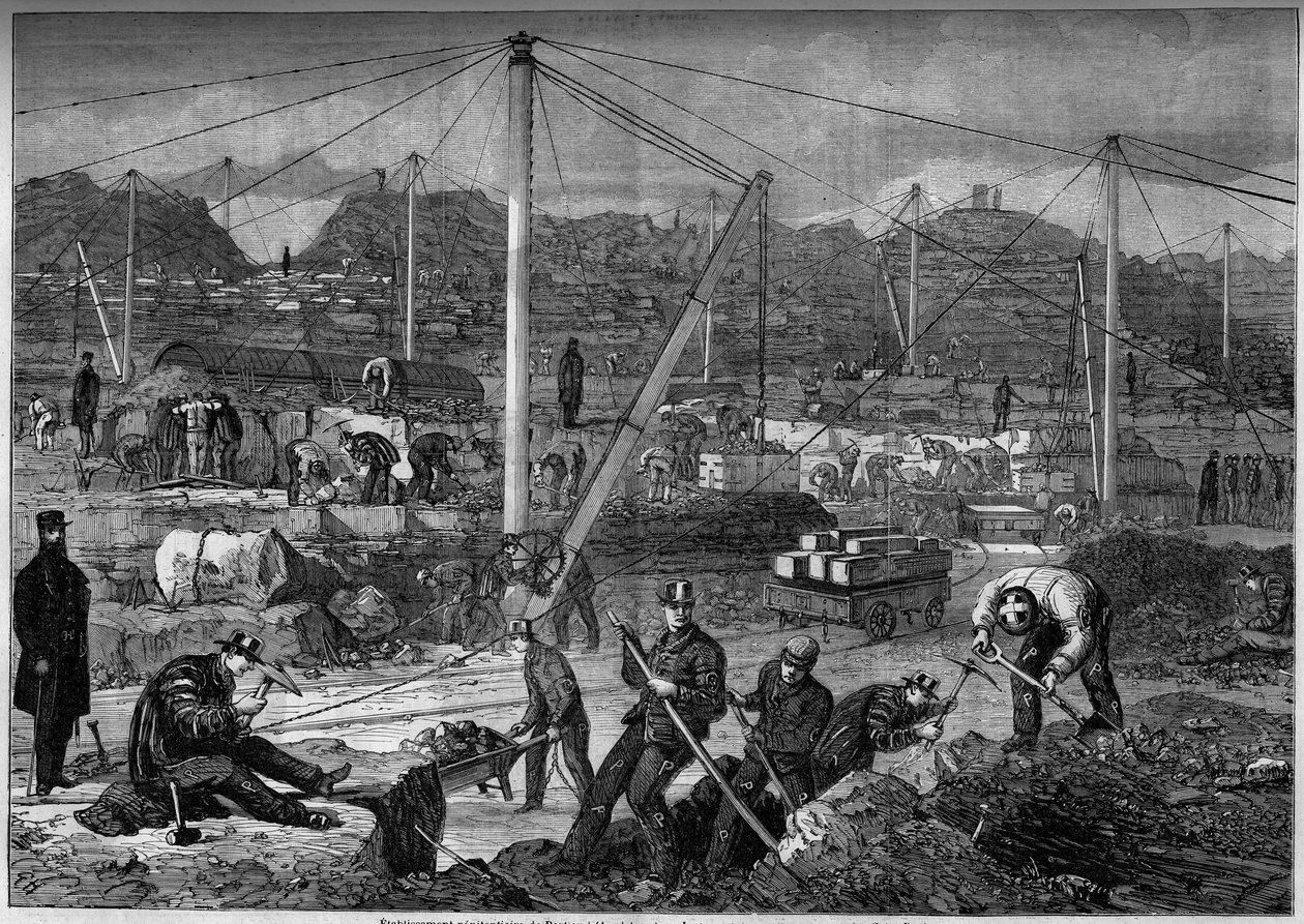 Güç çalışması: Taş ocağında çalışan İngiliz mahkumlar. Portland Hapishanesi, İngiltere by French School