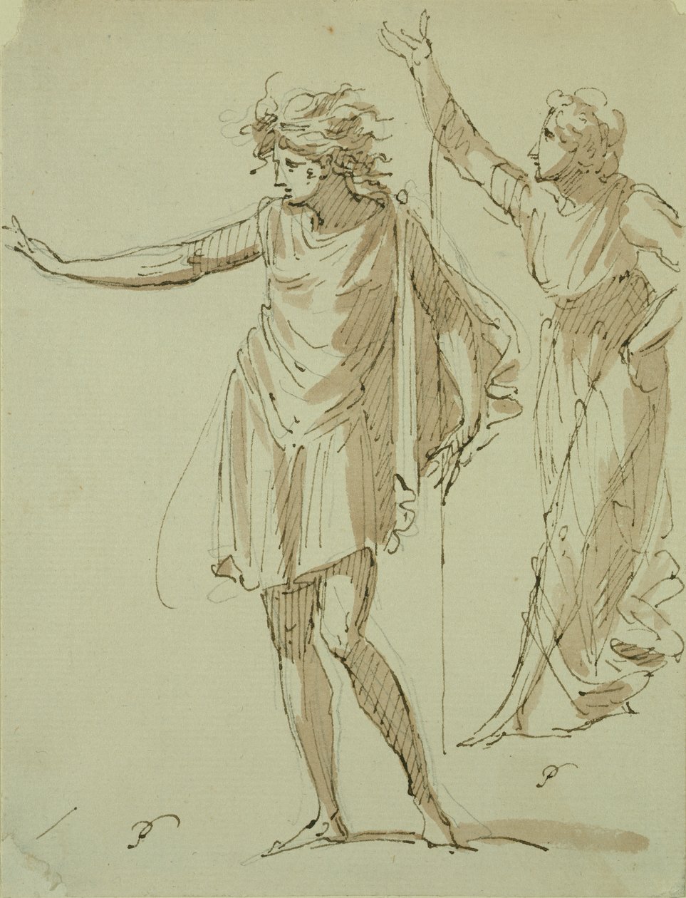 Klasik Dökümlü İki Figür Çalışması, c.1790 (kalem & mürekkep ve kağıt üzerinde yıkama) by French School