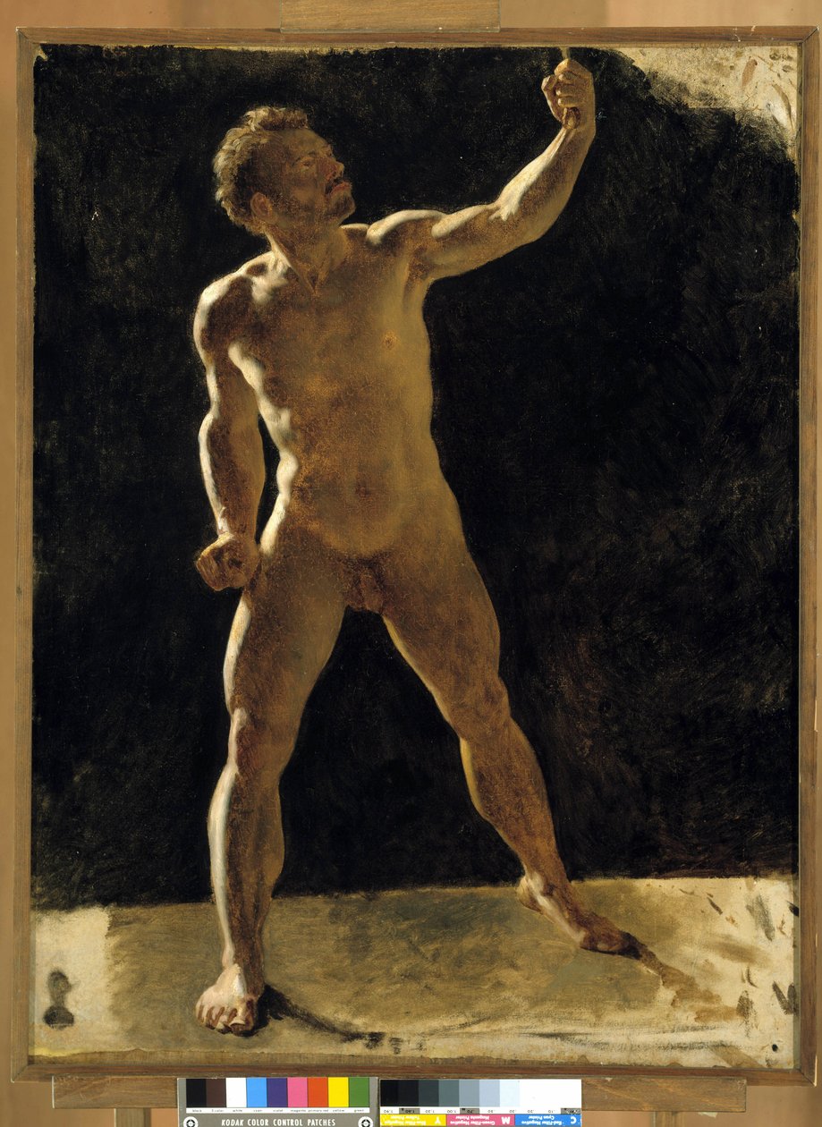 Yumruğunu kaldıran çıplak bir adamın incelenmesi. Anonim resim. Musee Granet, Aix en provence by French School