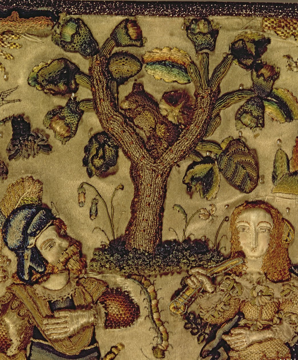 Bir ağacın altında bir çifti tasvir eden kütük, bir tabutun kapağından detay (ipek) by French School