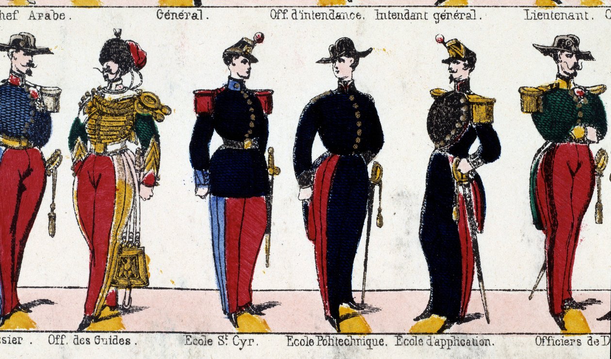 Rehber memuru, Saint Cyr okulu, Polytechnique ve uygulama okulu öğrencileri için uygun. 19. yüzyılın gravürü. Paris, Musee Carnavalet by French School