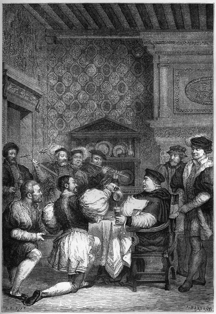 THOMAS CARDINAL WOLSEY (1475? -1530) ASİLLER VE BEYLERLER TARAFINDAN MASADA SERVİS EDİLİR - THOMAS WOLSEY (1475? -1530) en yüksek rütbeli adamları tarafından dizlerinin üzerinde servis edildi - “L