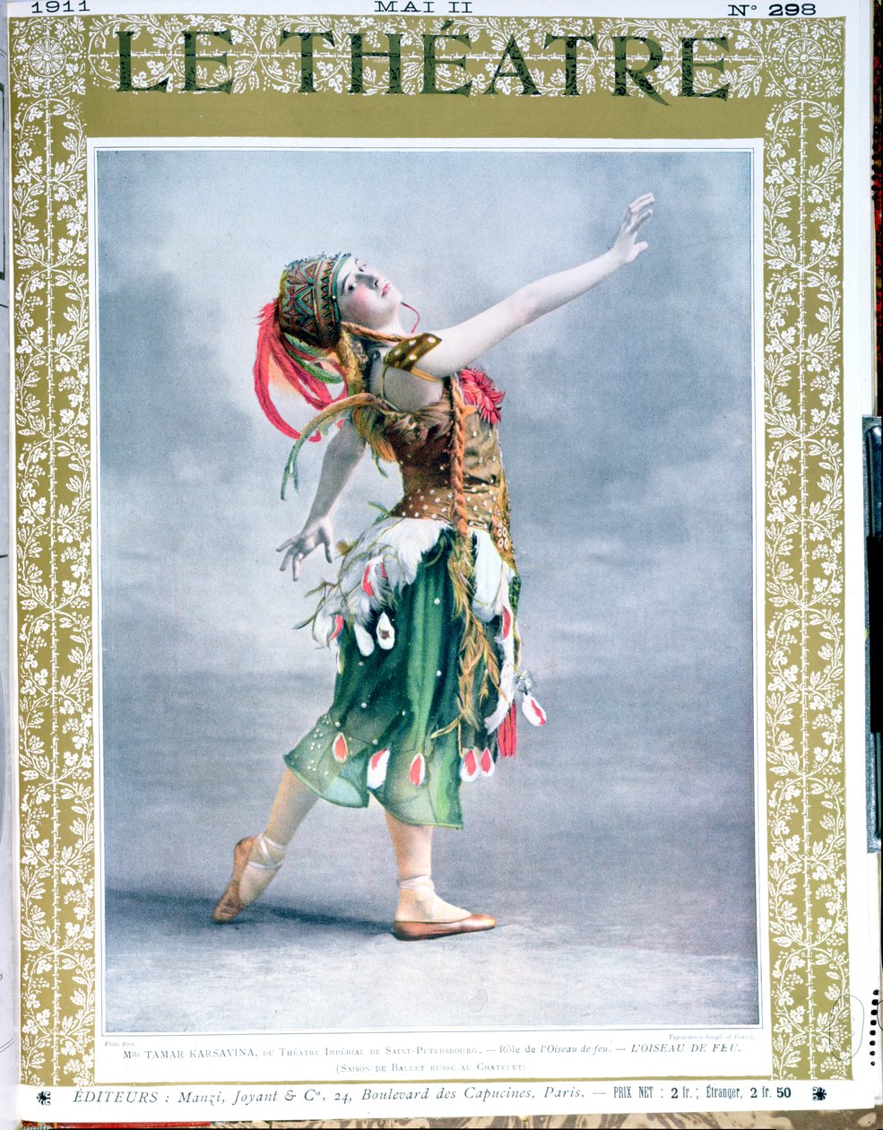 Tamara Platnovna Karsavina (1885-1978), Le Theatre dergisinin ön kapağından Igor Stravinsky (1882-1971) tarafından The Firebird olarak, Mayıs 1911 by French School