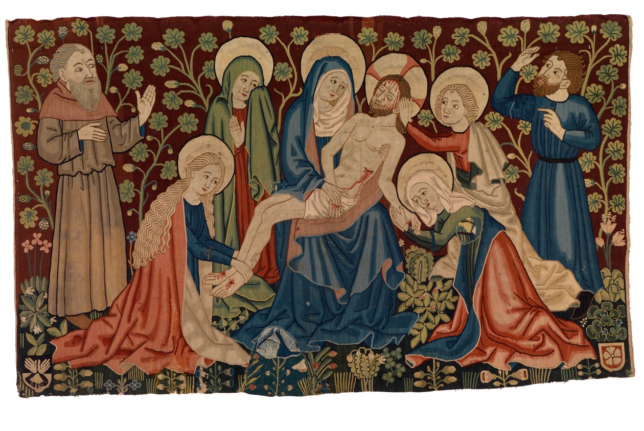 Strazburg'dan, Ölü İsa 'Pieta' Üzerine Ağıt içeren goblen antependium, 1450-60 civarı (yün, ipek ve muhtemelen keten) by French School