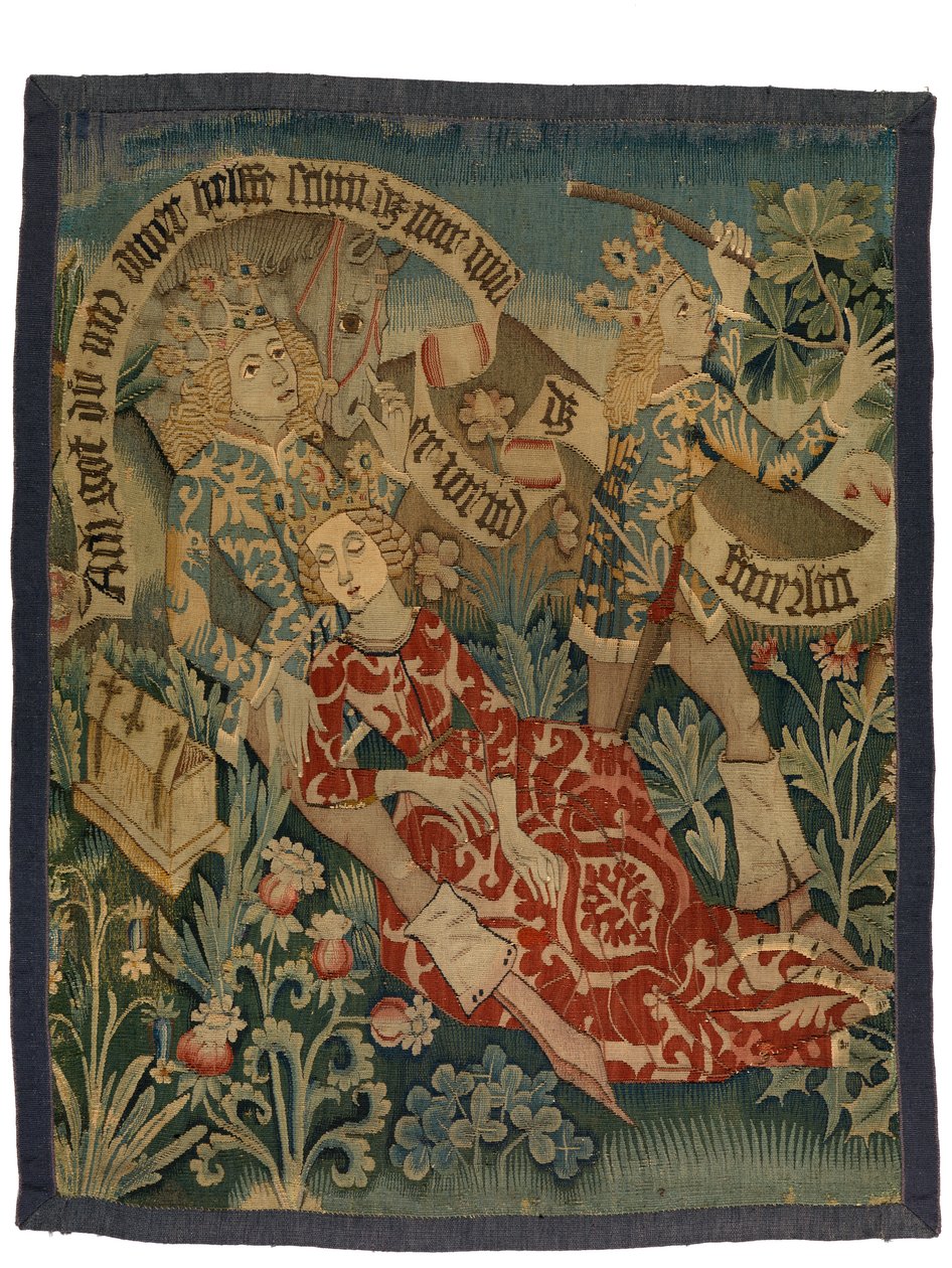 Alsace'den Der Busant 'The Buzzard'dan iki sahneyi tasvir eden goblen, c.1475-1500 (yün, ipek ve metal iplikler) by French School