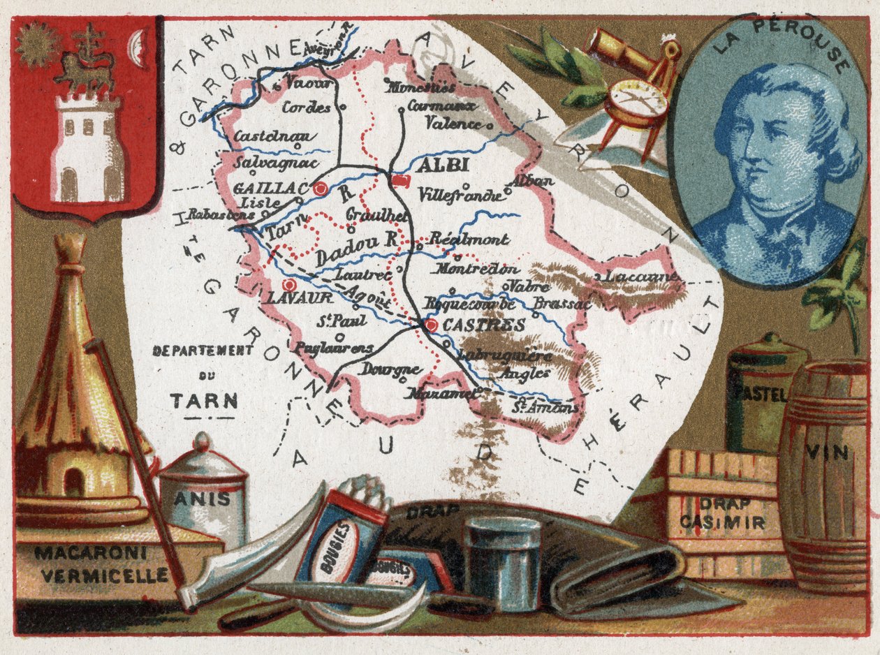 Tarn (81), Midi Pyrenees (Midi-Pyrenees), Fransa. Makarna ve erişte, anason, mumlar, nevresimler, pastel ve şarap. Jean Francois de Galaup