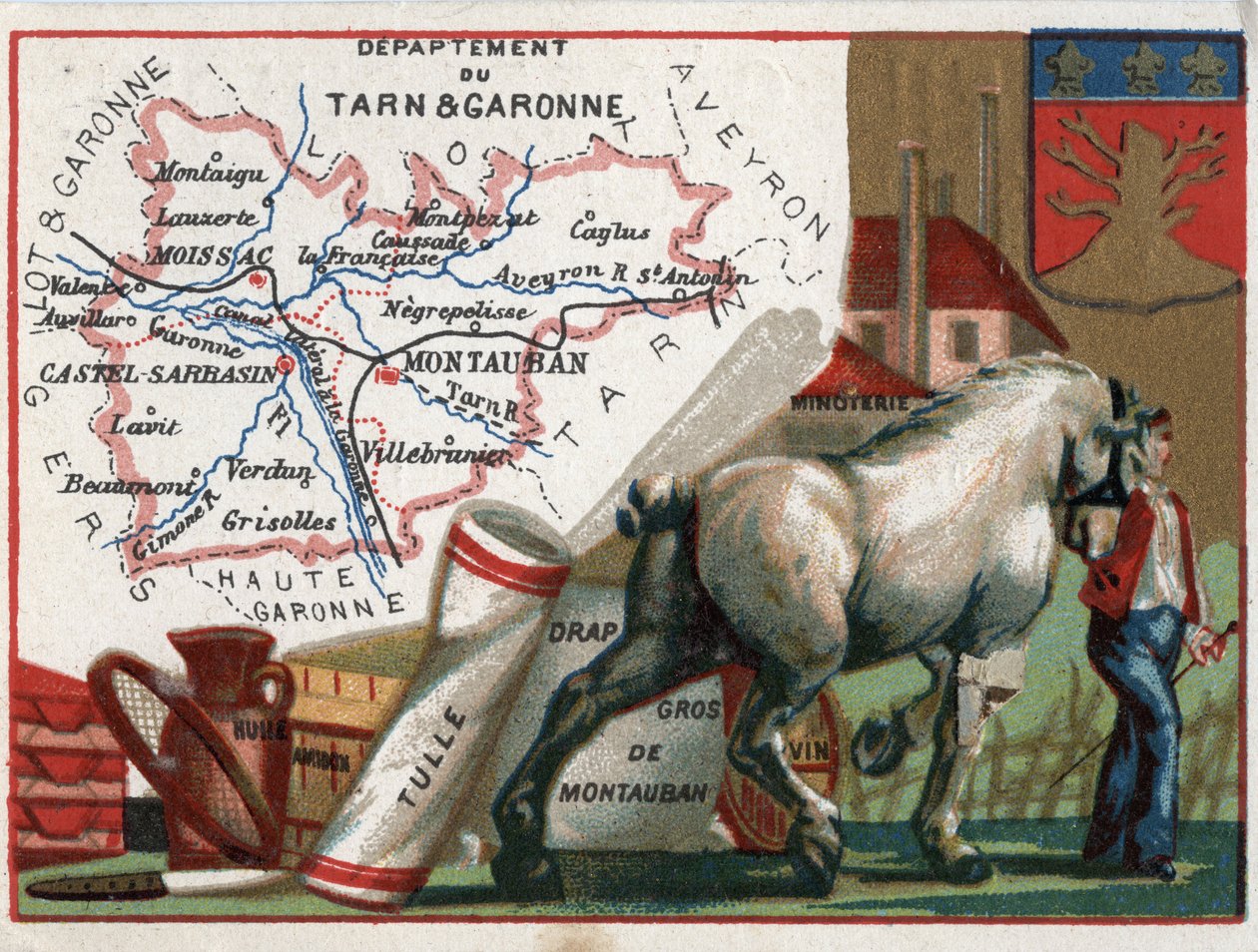 Tarn et Garonne (Tarn-et-Garonne, 82), Midi-Pyrenees (Midi Pyrenees), Fransa. Yerel uzmanlık: yağ, nişasta, tül, toptan Montauban çarşafı, şarap ve un değirmeni. Fransız Departmanları Üzerine Diziler. Kromolitografi (Chromo) “”coğrafi konu””, cir by French School