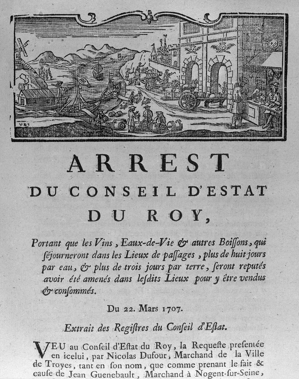 Şarap ve Alkollü İçkiler Şehrinin Girişindeki Vergi Dairesi, 22 Mart 1707 tarihli Danıştay Kararnamesi, Paris Devlet Konseyi Sicillerinden, 1739 (bkz. by French School