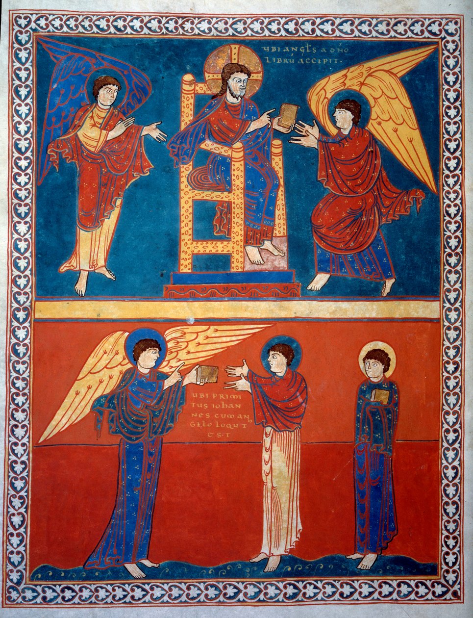 Melek, Rab'bin kitabını aldı ve Liebana keşişi Beatus'un 775'te yazdığı “Aziz Yuhanna'ya Göre Vahiy” tefsirlerinden Aziz John Minyatür'e verdi. by French School