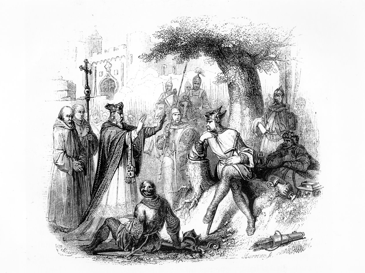 Rouen Başpiskoposu, şehri diğer Vikinglerin saldırısından korumak için Viking Rollo ile pazarlık yapıyor by French School