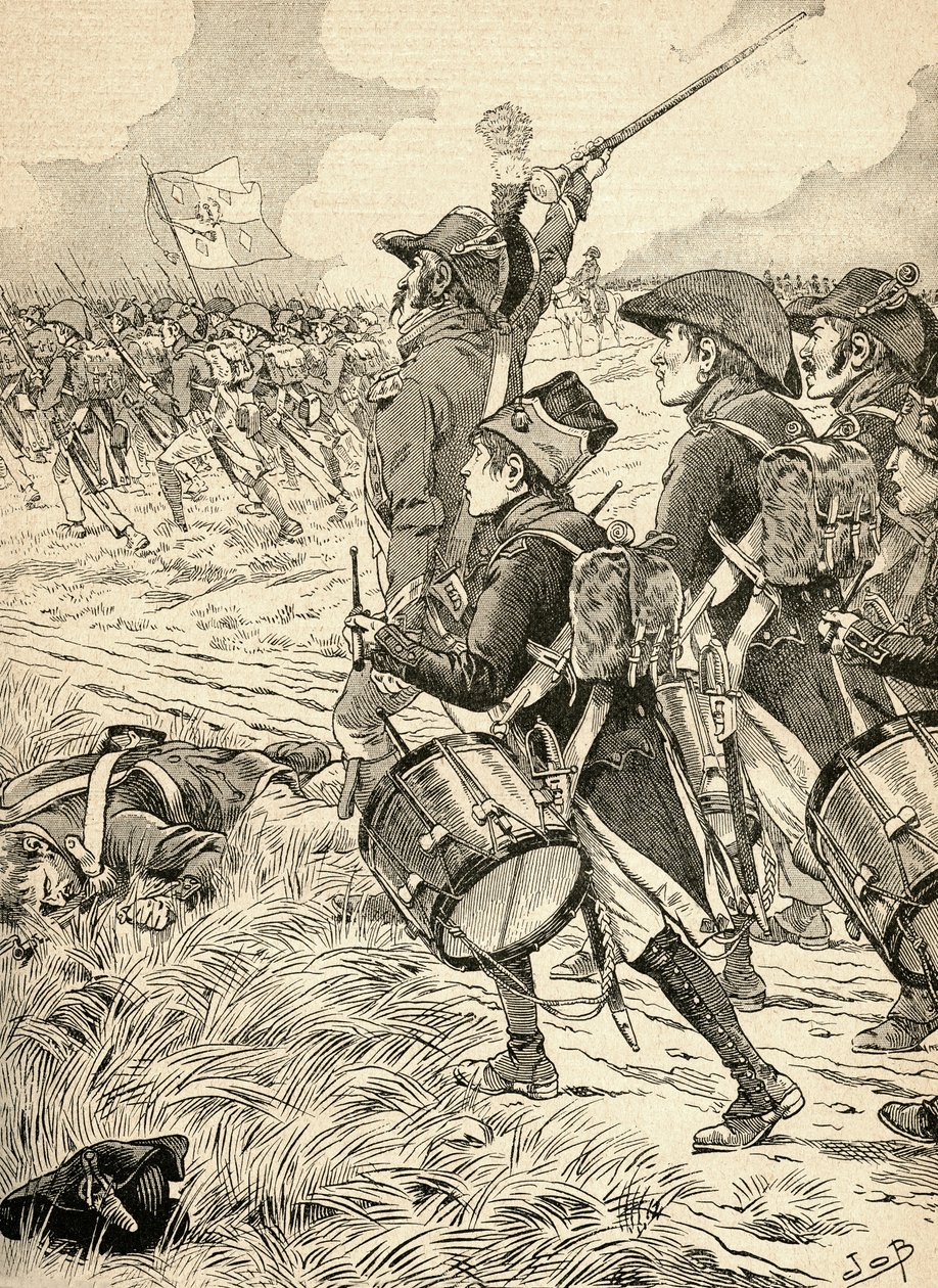 1800'de İtalya'da Marengo Savaşı, Napolyon Bonapart komutasındaki Fransız kuvvetleri ile Avusturyalılar arasında savaştı. Agenda Buvard du Bon Marche'tan 1917'de yayınlandı. by French School