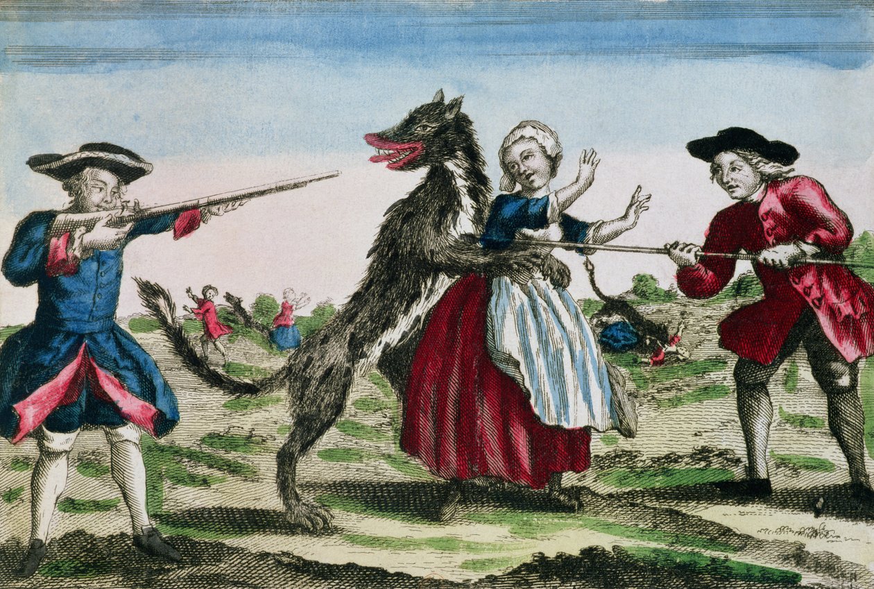 Gevaudan Canavarı, Basset tarafından yayınlandı, 1764 (renkli gravür) by French School