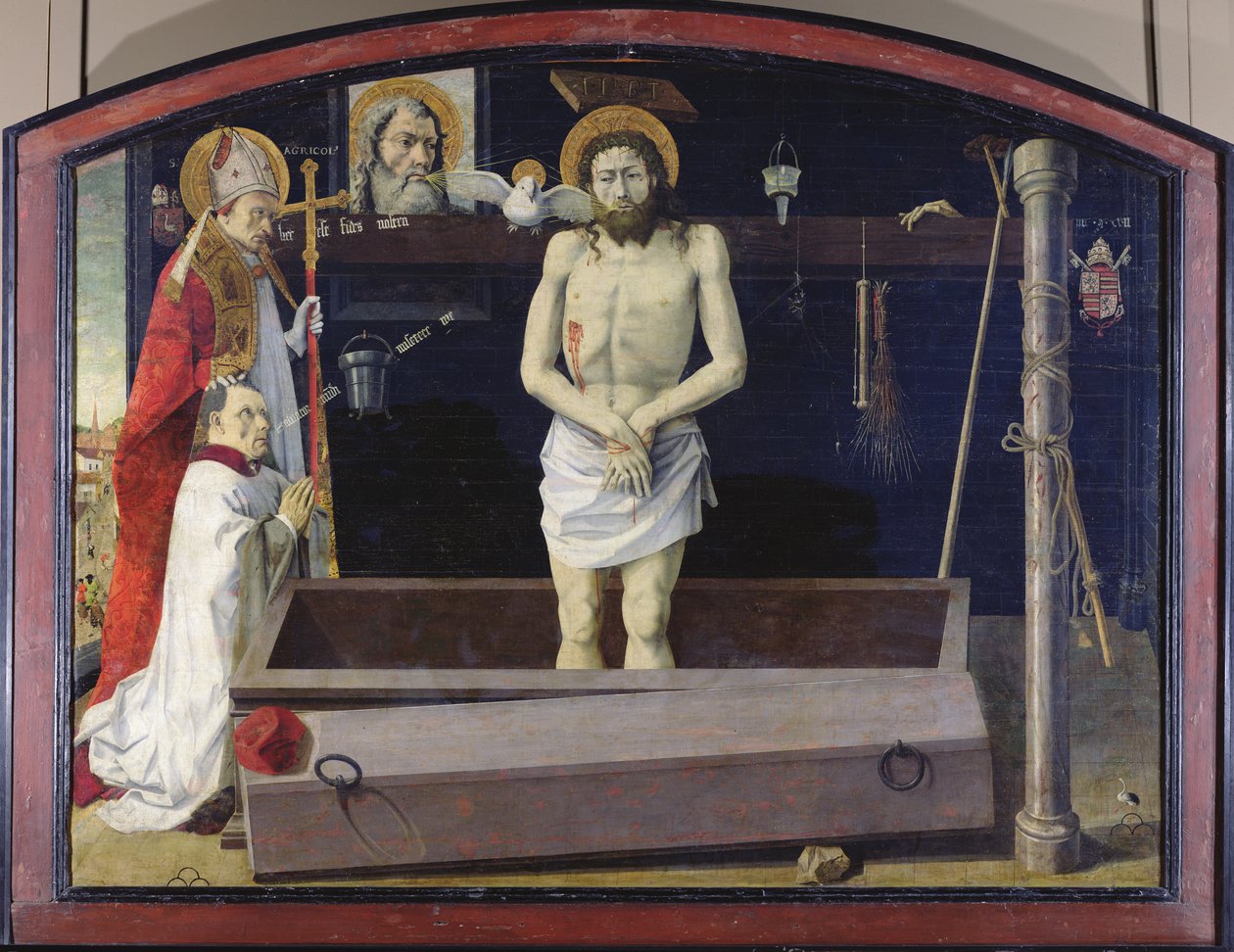 The Boulbon Altarpiece: Provence Okulu, St. Agricol tarafından sunulan bir bağışçı ile Trinity (panel üzerine yağlı boya tuvale aktarıldı) by French School