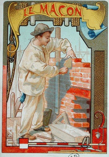 Duvarcı, el sanatları üzerine bir kitaptan illüstrasyon. c.1899 (renkli taş) by French School