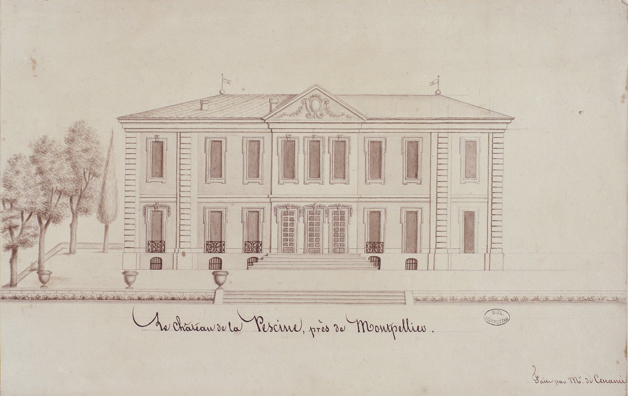 Montpellier yakınlarındaki Chateau de la Piscine, Mösyö de Cenani tarafından çizilmiş (kalem ve kağıt üzerine mürekkep) by French School