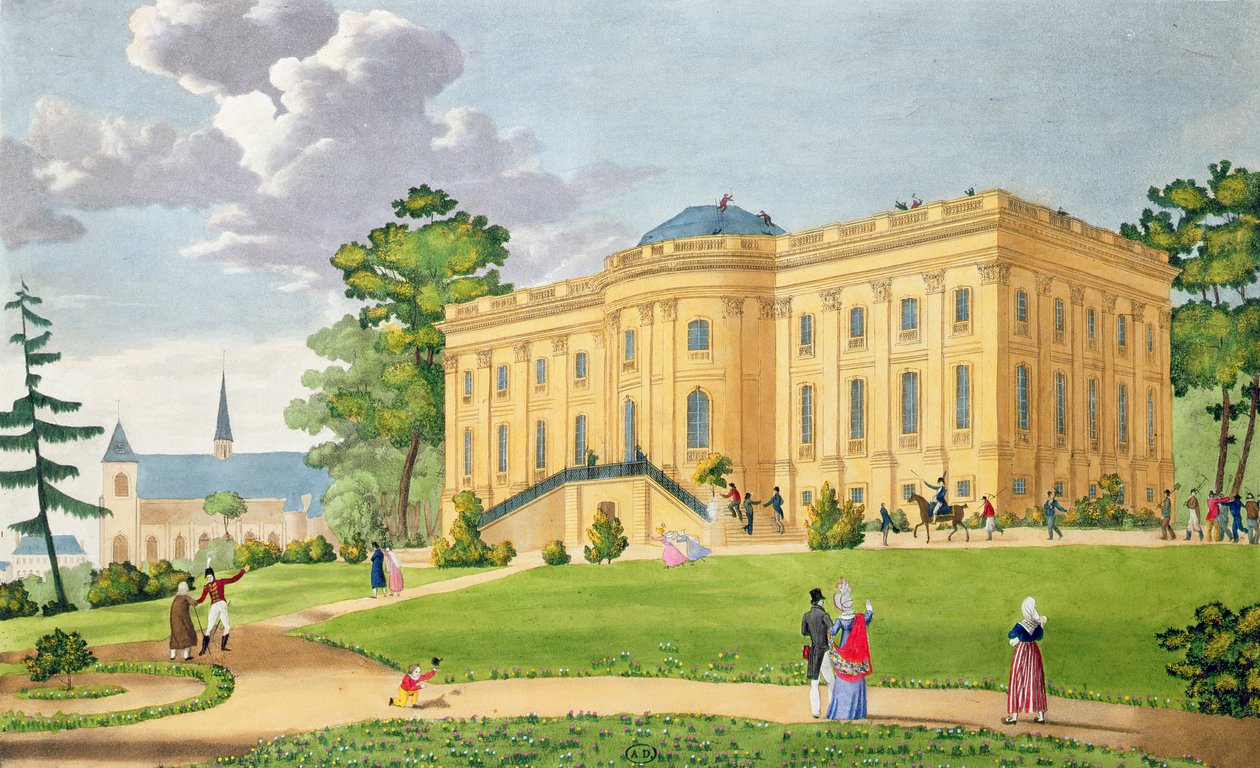 Montmorency Şatosu, Paris yakınlarında, c.1815-20 (renkli gravür) by French School