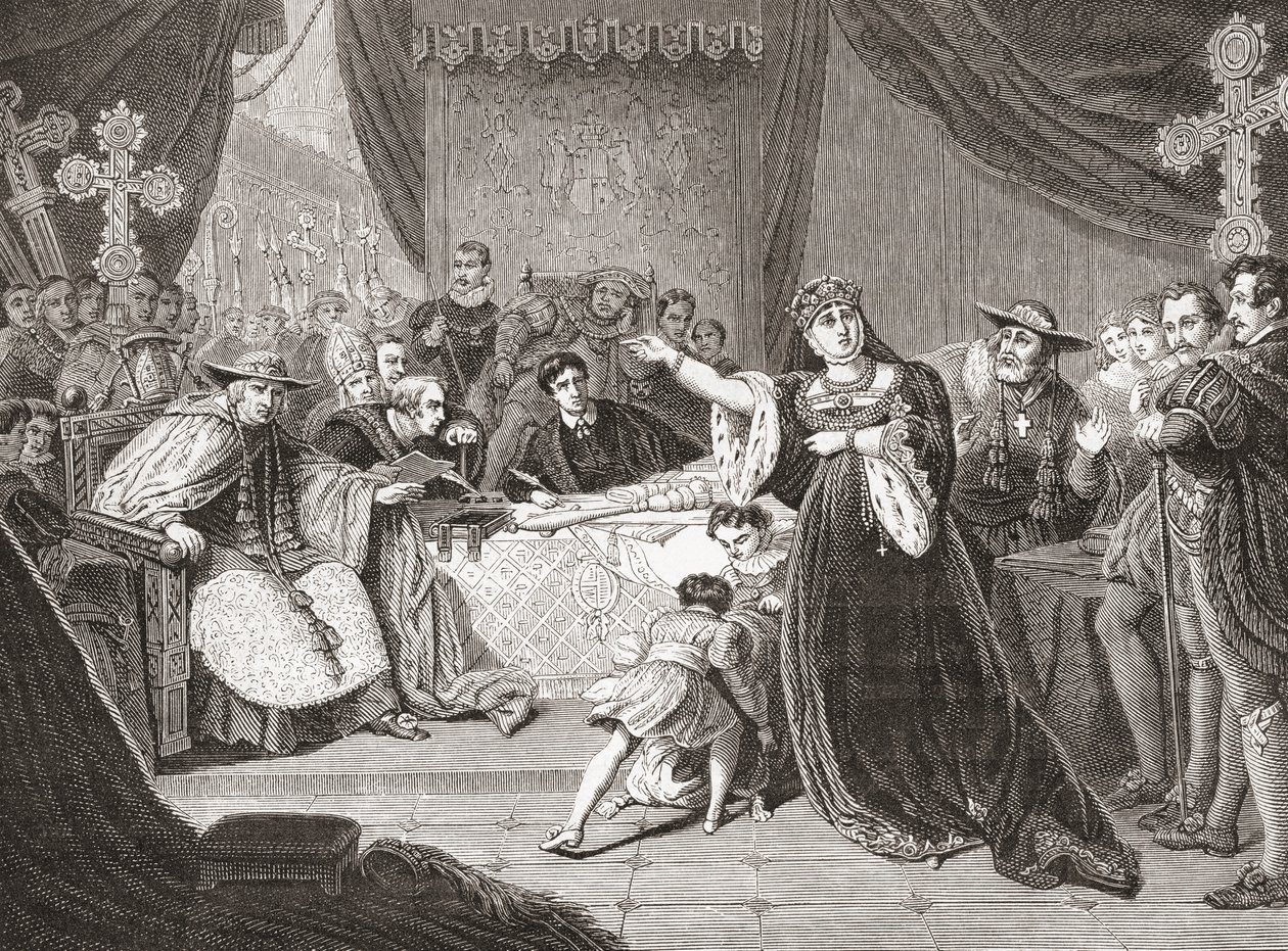 George Henry Harlow'un yazdığı Kraliçe Katharine Mahkemesi, Shakespeare'in VIII. Henry oyununda Bayan Siddons'ı Kraliçe Katharine olarak tasvir ediyor. Histoire des Peintres'ten, École Anglaise, 1867'de yayınlandı (litho) by French School