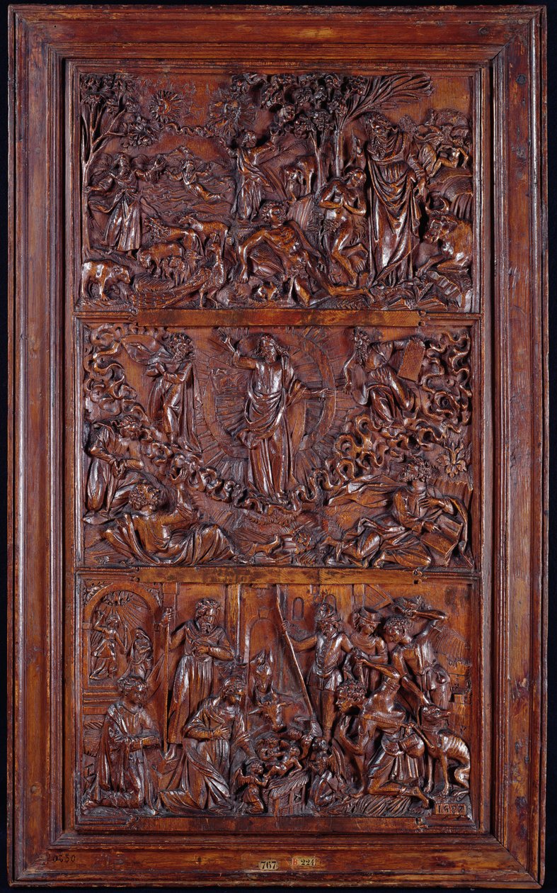 The Credo, Panel I: The Creation of the World, Transfiguration, Müjde ve Doğuş, 1587 (ahşap) (ayrıca bkz. 414037-9) by French School
