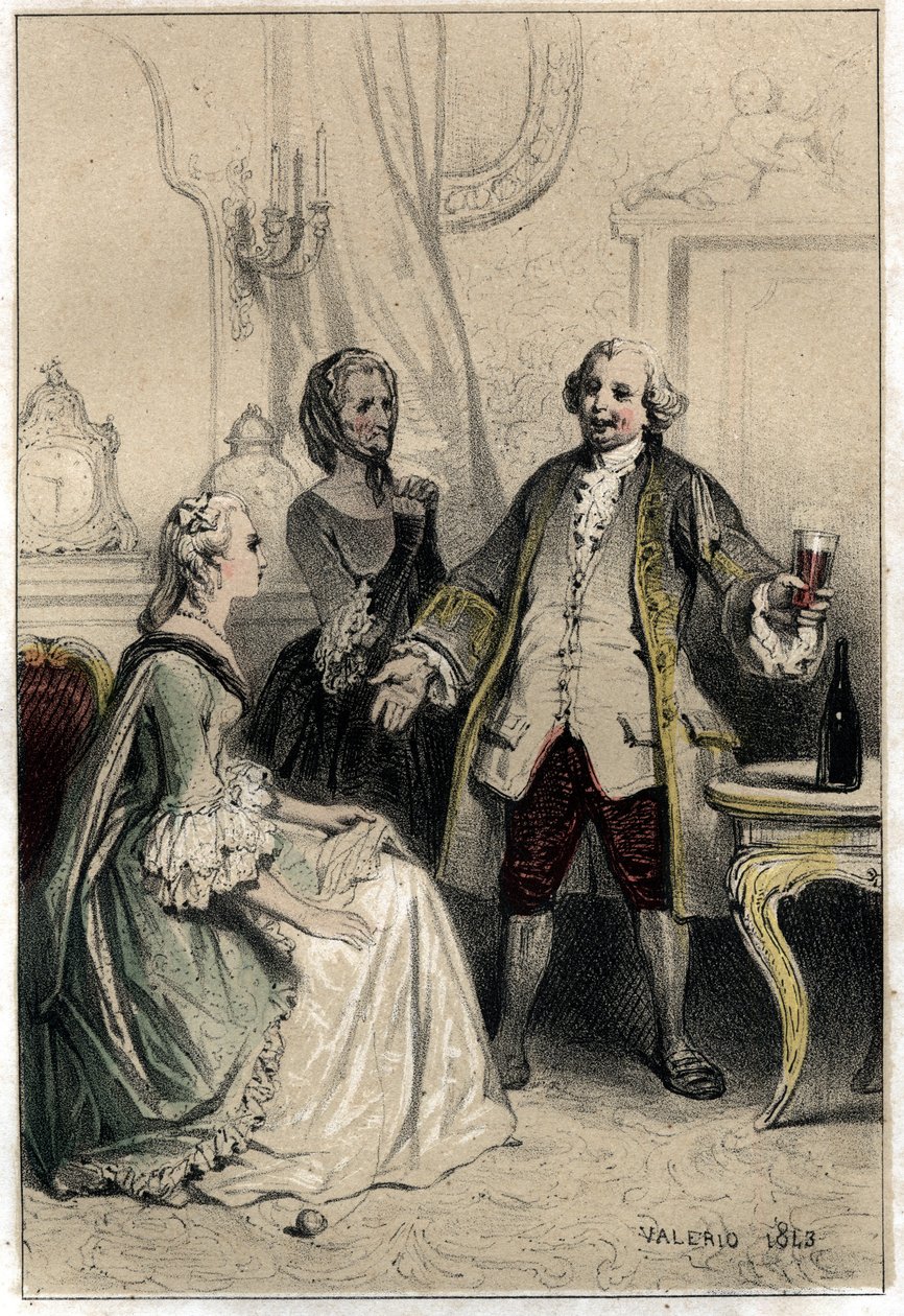 İngiliz komedyen David Garrick (1717-1779), antrenör kılığında, onu ikna etmeye çalışmak ve ona olan aşkının saçmalığına ikna etmek için hevesli bir düşes haline geldi. ”” iki harfli gravür by French School