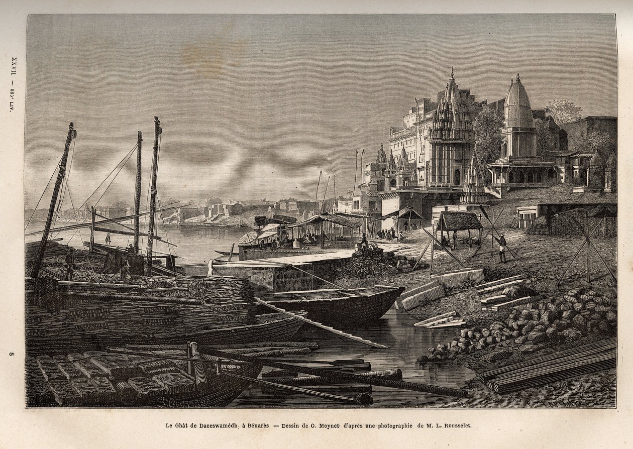 Ghat de Benares (bugünkü Vanarasi) (nehirlerin kıyılarını ve su ile temas halinde alçalmaya izin veren havza ve rezervuarların kıyılarını kapsayan basamakları gösteren ghat), G. Moynet