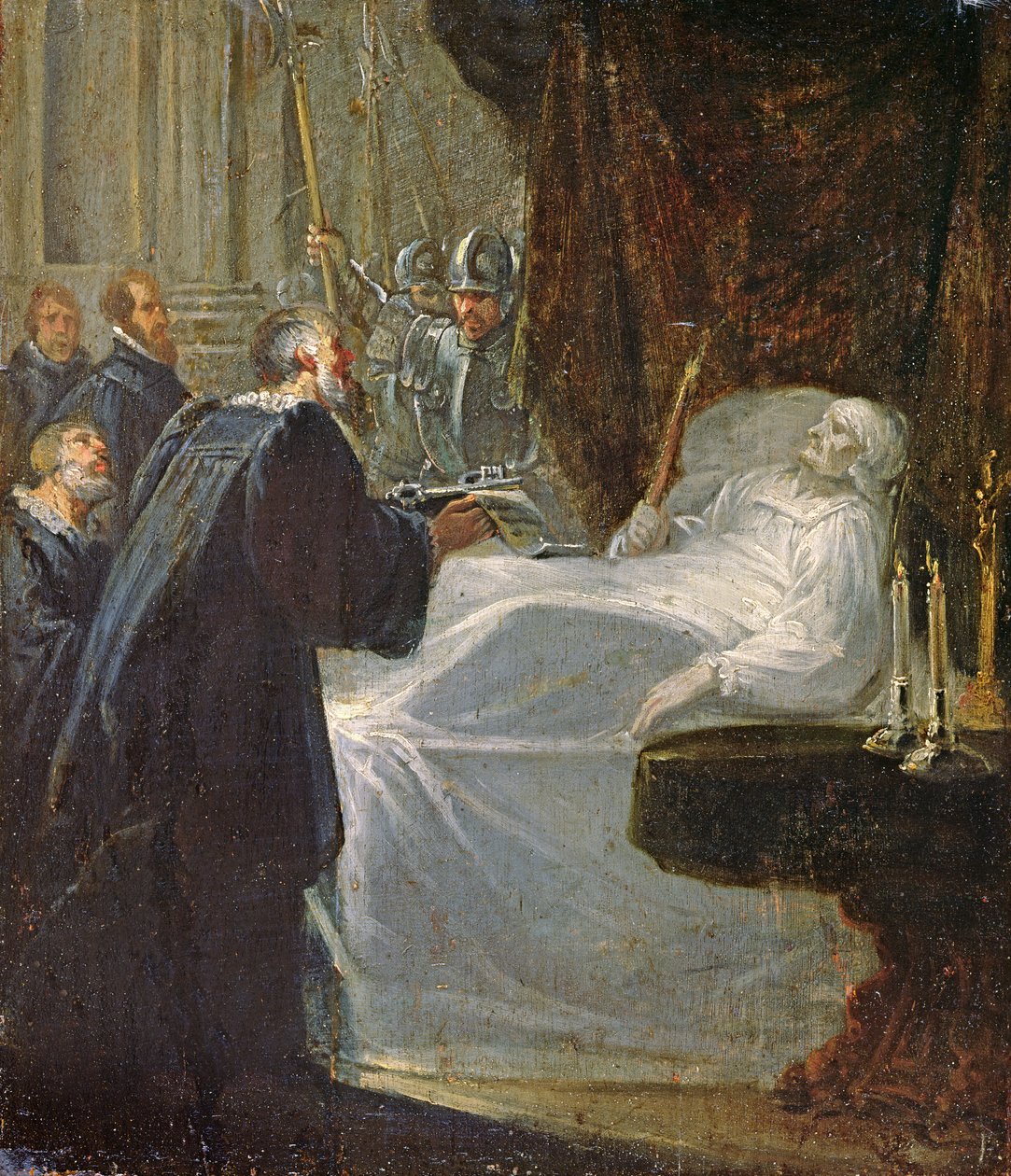 Gevaudan'daki Chateauneuf-de-Randon Valisi, 1380'de ölümü üzerine şehrin anahtarlarını Bertrand du Guesclin'e veriyor. by French School