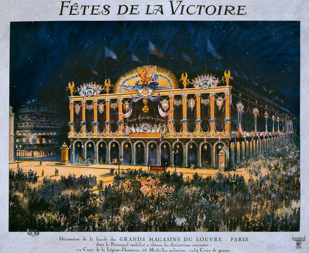 Grands Magasins du Louvre, 1918 Zaferi kutlamaları için dekore edilmiş, 14 Temmuz 1919 by French School
