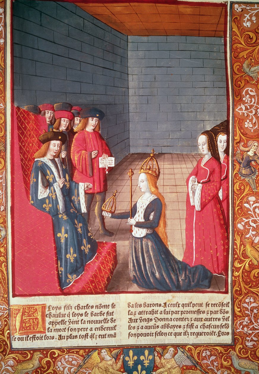 Provence'ın Kutsal Roma İmparatoriçesi Richilde Compiegne'de Kekeme Louis'e babası II. Charles'a ait olan tacı ve asayı takdim ediyor, A. Verard tarafından basılan 'Chroniques de France'dan by French School