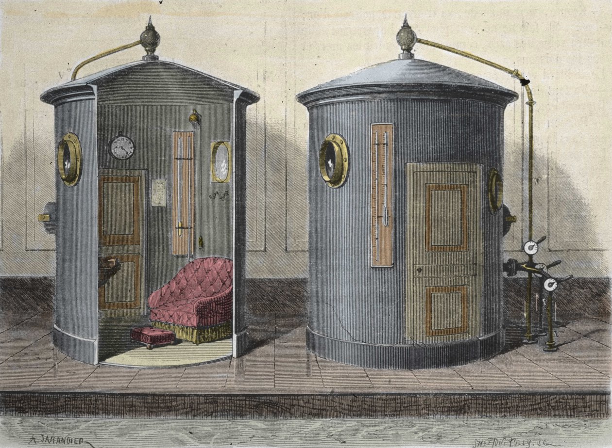 Paul Bert (1833-1887) fizyolog ve Fransız politikacı tarafından Hiperbarik oda. 1855'ten gravür. by French School