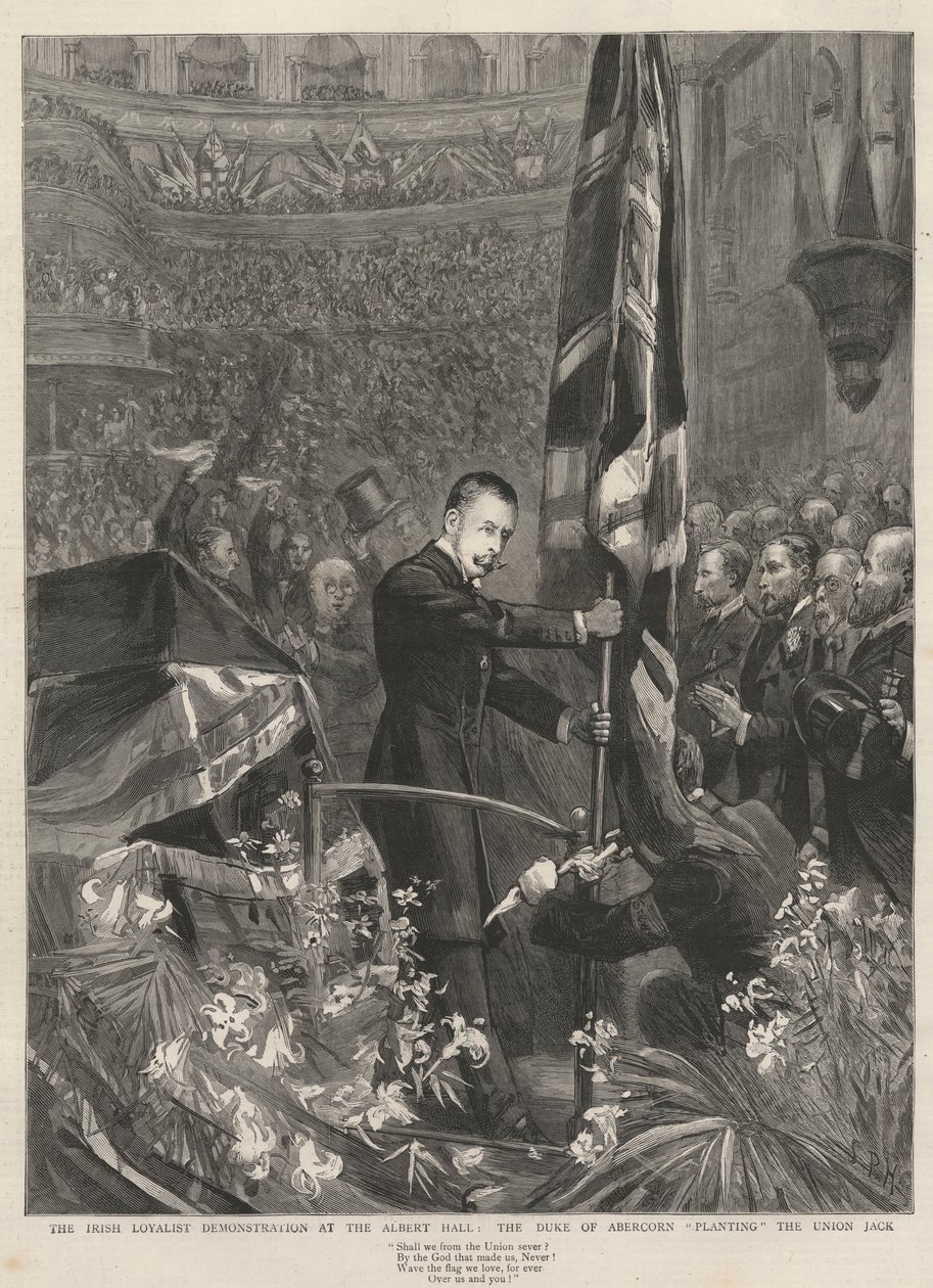 Albert Hall'daki İrlandalı sadık gösteri, Londra, 1893: Abercorn Dükü (James Hamilton) (1811-1885) Union Jack'i dikiyor. by French School