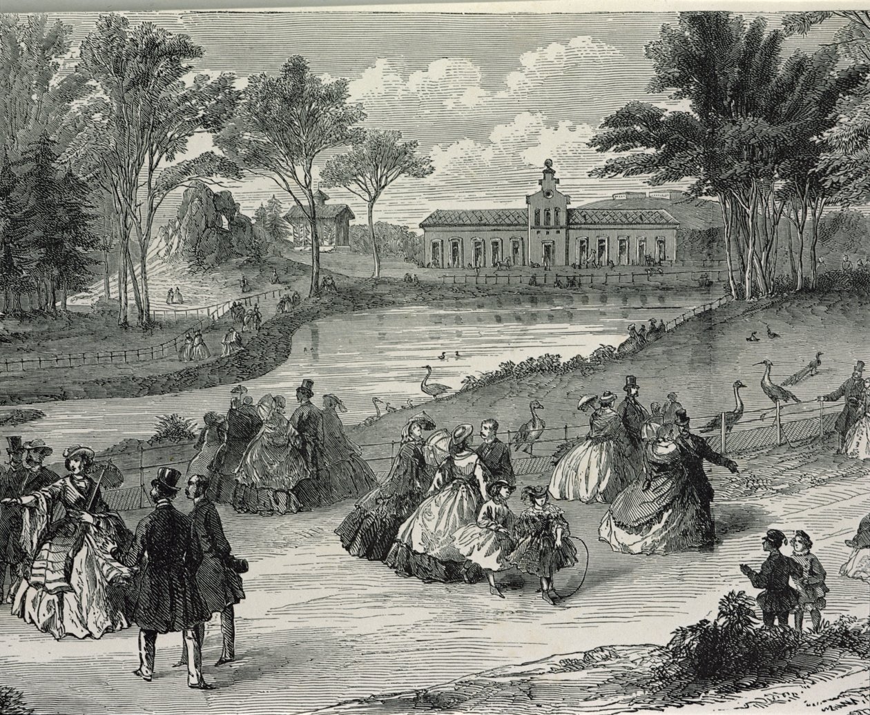 Jardin dAcclimatation, Paris, 1855 (bw gravür) by French School