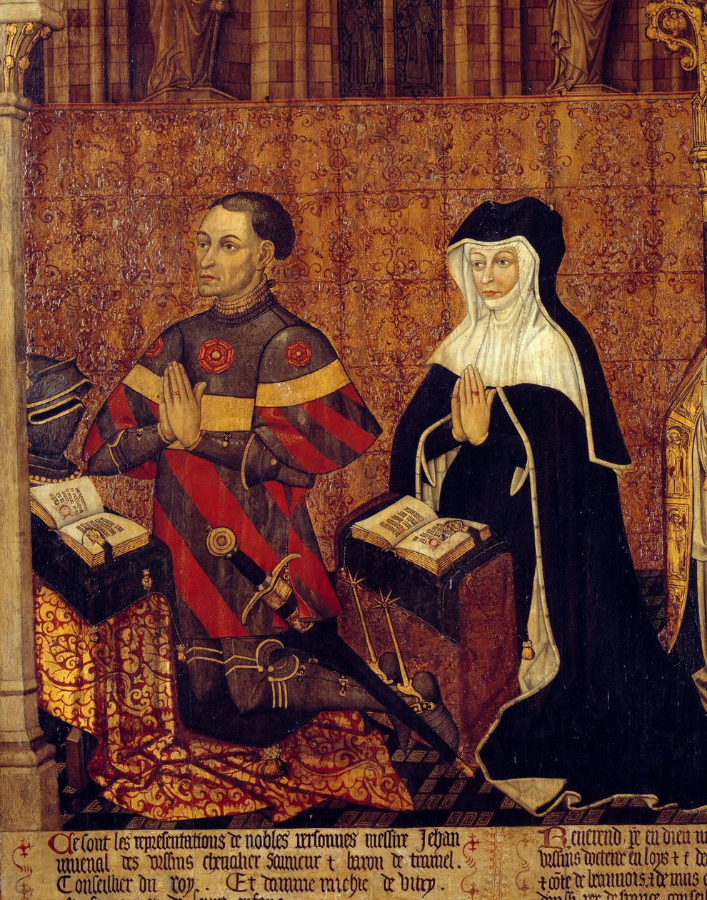 Jean Juvenal des Ursins (1360-1431) ve eşi tarafından yazılan Jouvenel Ursins Ailesi Detayı. Fransız Okulu ahşap boyama. 1443-1449. Güneş 1,3x3,5 m Paris, Orta Çağ ulusal müzesi, Thermes de Cluny by French School