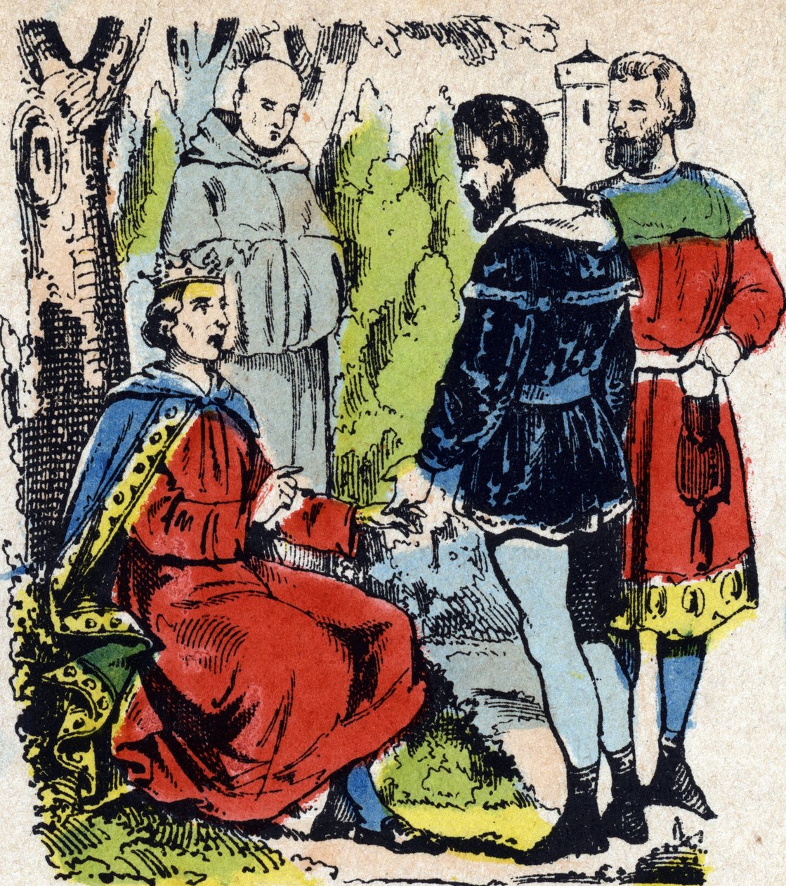 Fransa Kralı Louis IX dit Saint-Louis” (1214-1270) Vincennes'de bir meşe ağacının altında adaleti yerine getiriyor - Fransa Kralı Saint Louis (1214-1270) Vincennes'de bir meşe ağacının altında adaleti sağlıyor by French School
