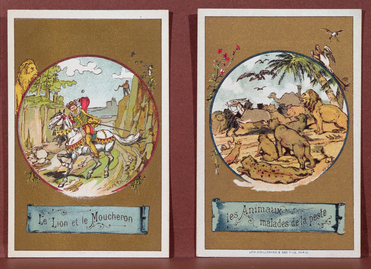 'Fables de La Fontaine'den Aslan ve Tatarcık ve Veba Hastası Hayvanlar (renkli gravür) by French School