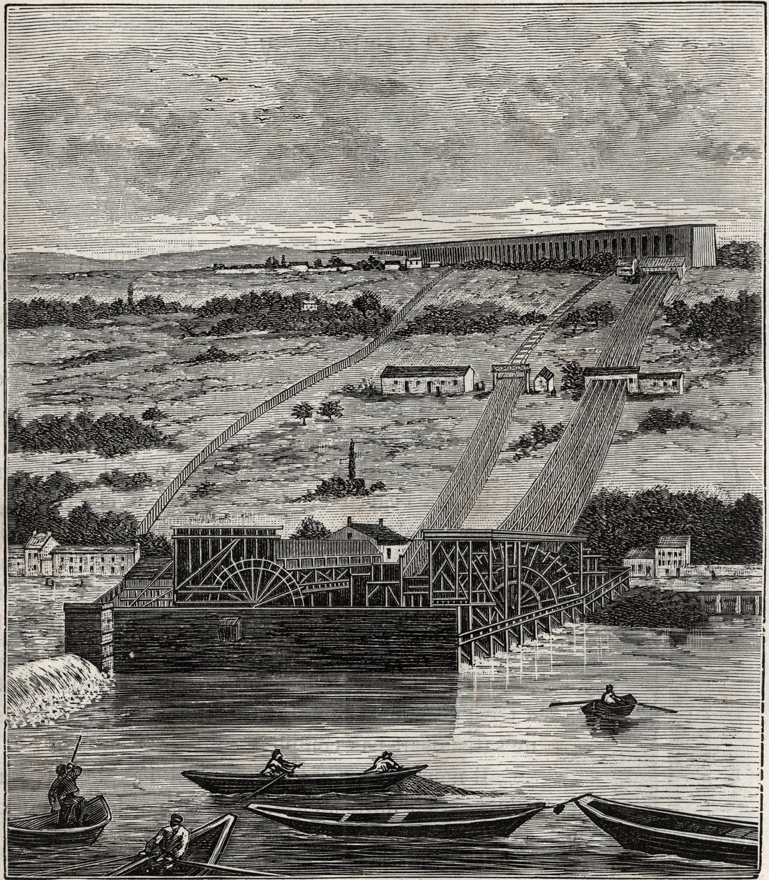 Marly'deki Makine - Bougival'de kurulu Vue de la machine de l'aqueduct de Marly - L'aqueduct de Louveciennes (veya Marly) Versailles et le chateau de Marly'yi suya dökün - Gravür “Herkesin hizmetine sunulan bilimler - fizik ve kimyager by French School
