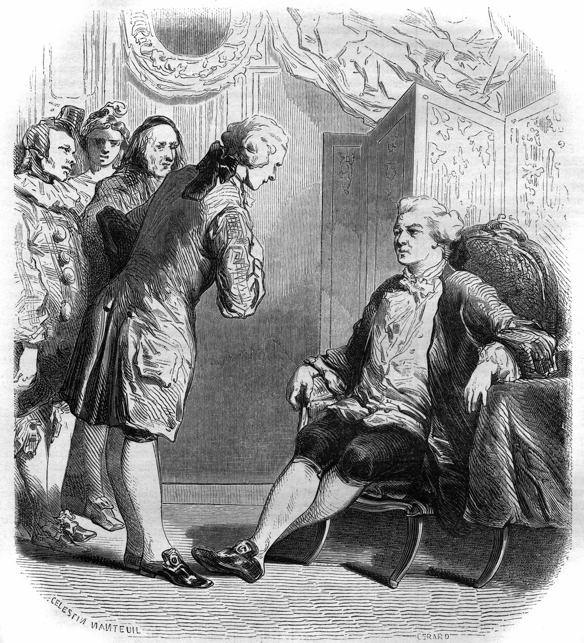 Marquis de Puysieulx, Philippe Nericault Destouches (1680-1754) ve seyahat eden komedyenlerden oluşan bir topluluğu kabul ediyor. 1858-1859 arası gravür. by French School