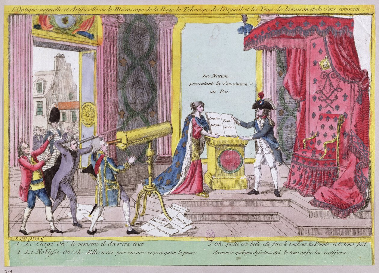 Öfke Mikroskobu, Gurur Teleskobu ve Akıl ve Sağduyunun Gözleri, soyluların ve din adamlarının Fransız Anayasasına tepkisinin karikatürü, c.1791 by French School
