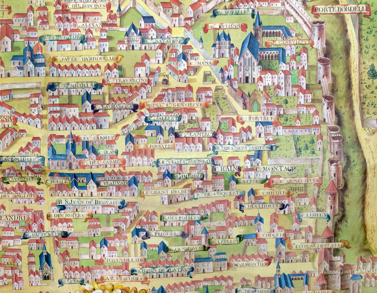 Montagne Sainte-Genevieve, Paris'in c.1540 planından detay, Plan de la Gouache, c.1860 by French School