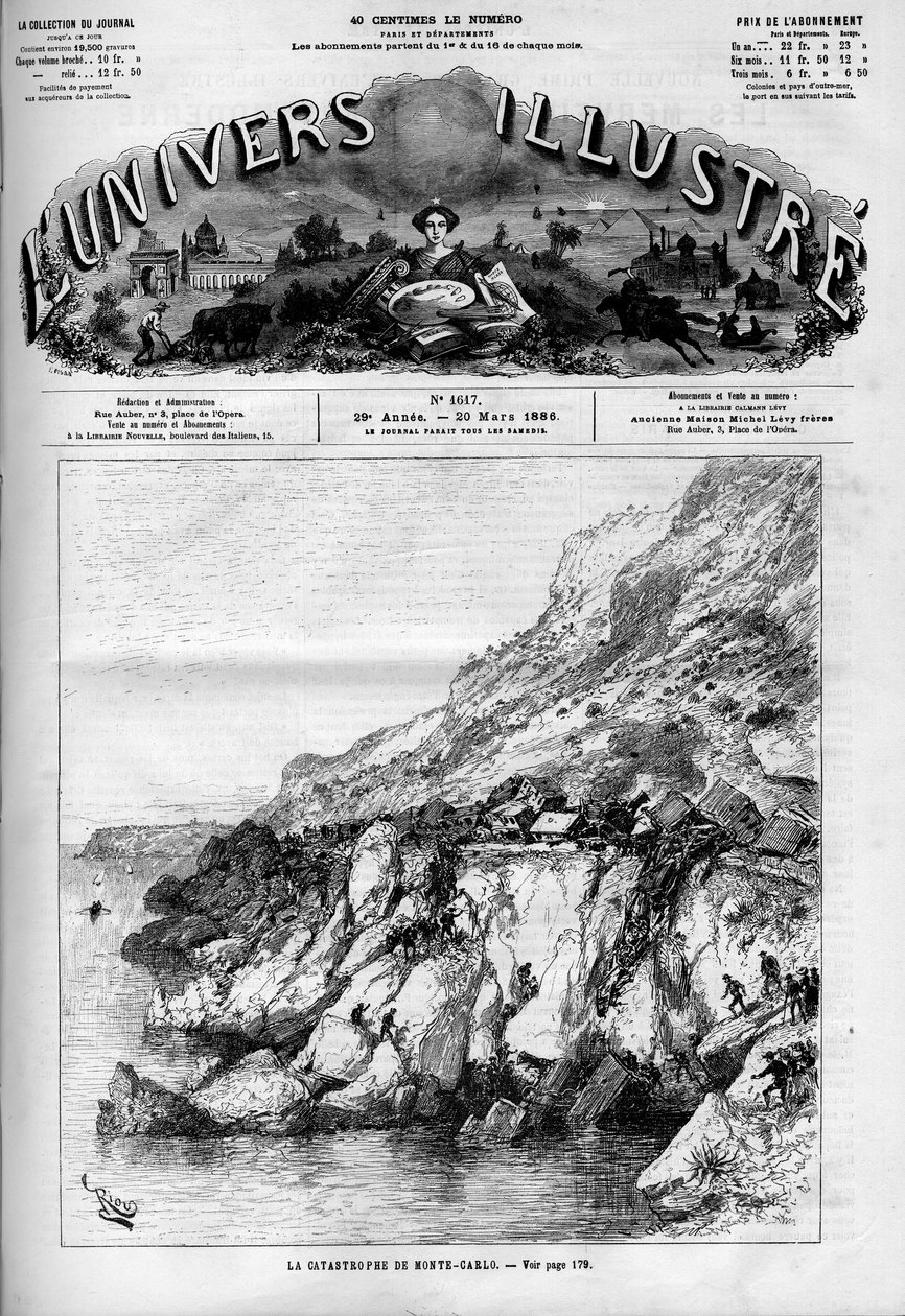 Monte Carlo (Monte-Carlo) faciası: Sahil boyunca demiryolu hattında tren kazası. Gazete. “” Le Monde Illustré” de gravür by French School