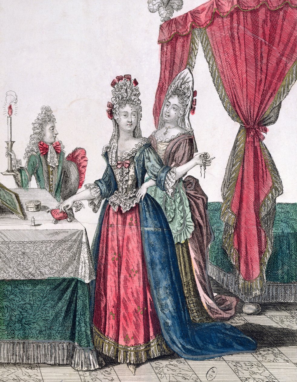 Gece, Bayan yatağa gidiyor, 17. yüzyılın 2. yarısı (renkli gravür) by French School
