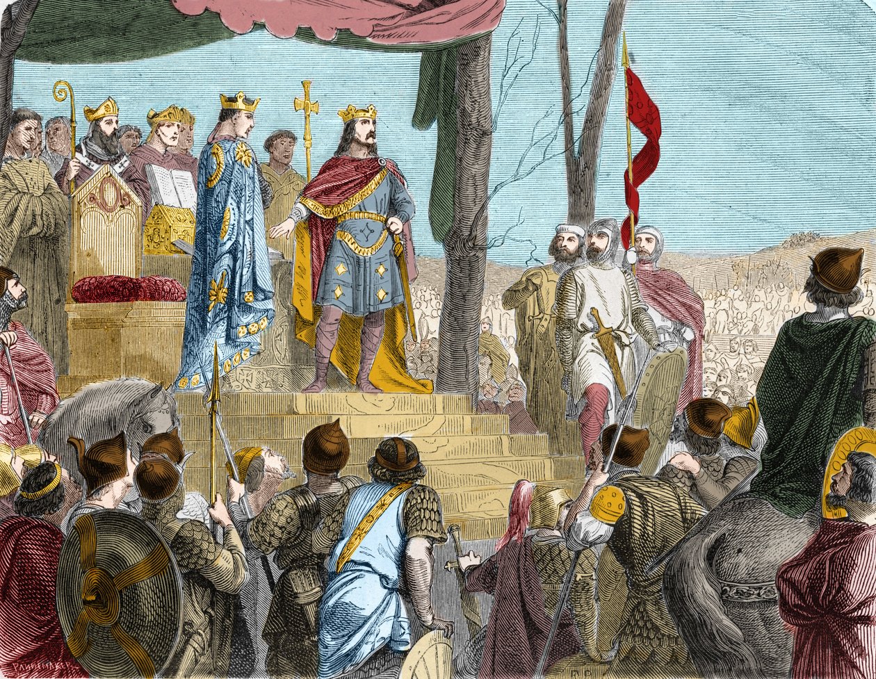 Doğu Fransa hükümdarı Alman Louis (876) ile Batı Francia hükümdarı üvey kardeşi Kel Charles (? 877) arasındaki Strasbourg Yeminleri - Le oath de Strasbourg: Traire de Verdun, 843. Louis