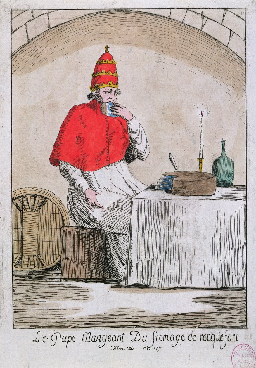 Papa, Rokfor peyniri yiyor, 1791 by French School
