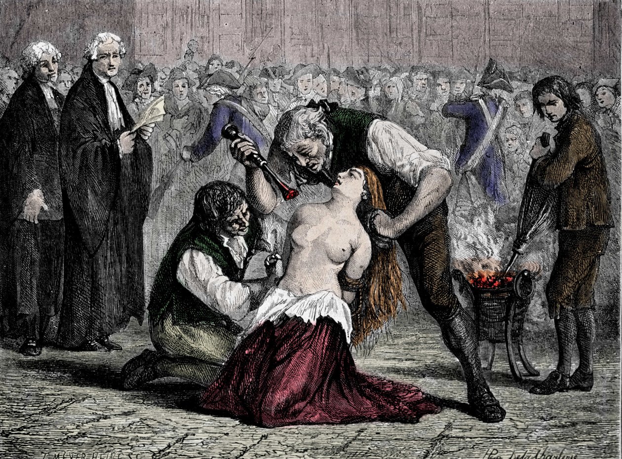 Kraliçe'nin Kolye Olayı: Madame de la Motte'nin Eziyeti (1756-1791). Kraliçenin reddettiği kolyeyi soymaya çalıştıktan sonra, kamçılı olmaya mahkûm edildi, demirle işaretlendi ve Salpetriere'ye kilitlendi. by French School