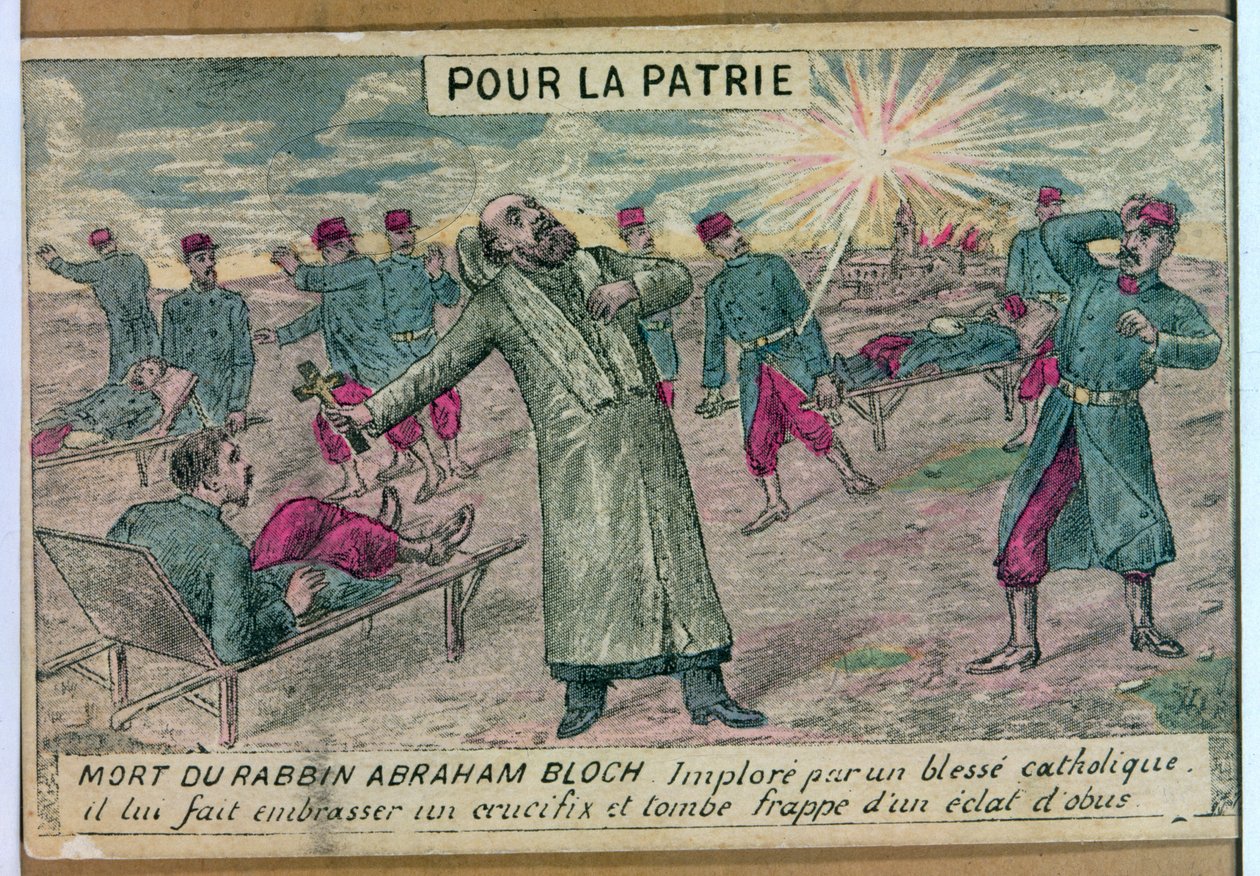 Haham Abraham Bloch, ölmekte olan bir katolik askere bir haç sunar ve bir top mermisi tarafından vurulur, 1914-18 by French School