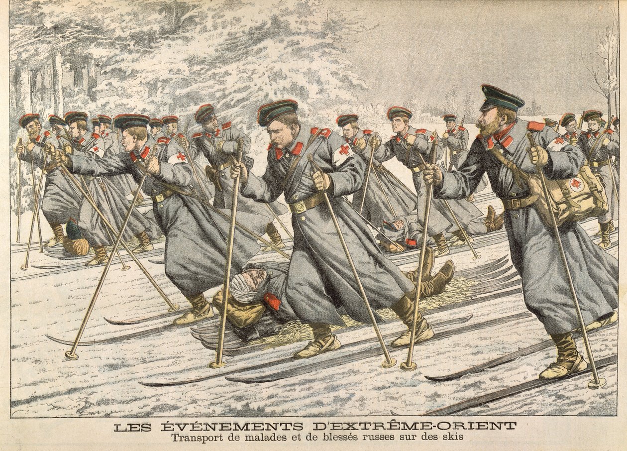 Rus-Japon Savaşı (1904-05) Sırasında Yaralı Rusları Kayak Üzerinde Taşıyan Kızıl Haç, Le Petit Journal, c.1904 by French School