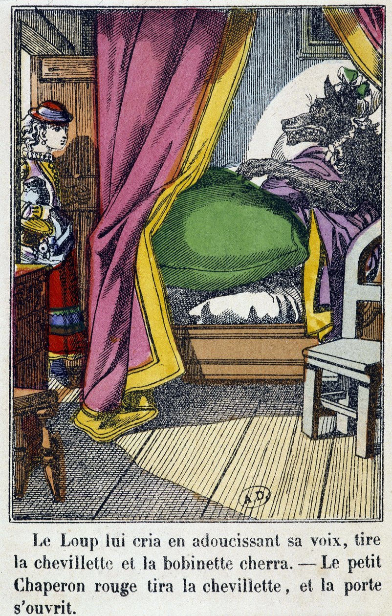 Kırmızı Başlıklı Kız, kurdun büyükannesinin yerini aldığı odaya girer - “Kırmızı Başlıklı Kız”, ed. Pellerin, Epinal, n.d. 19. by French School